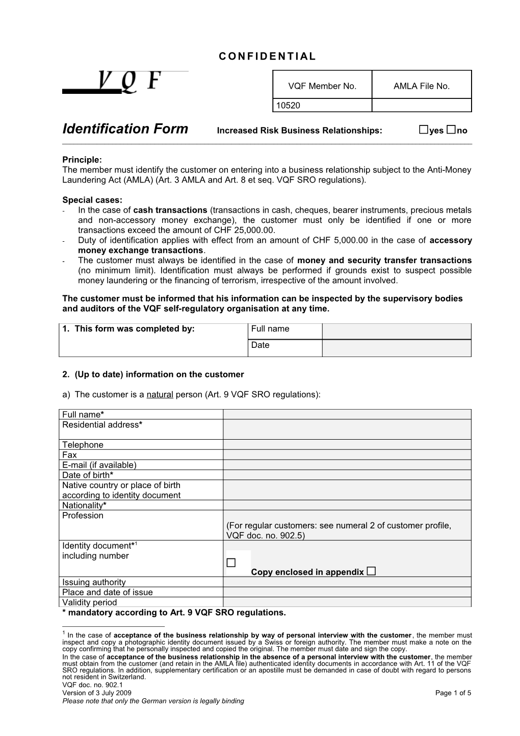 Identification Form Increased Risk Business Relationships: Yes No