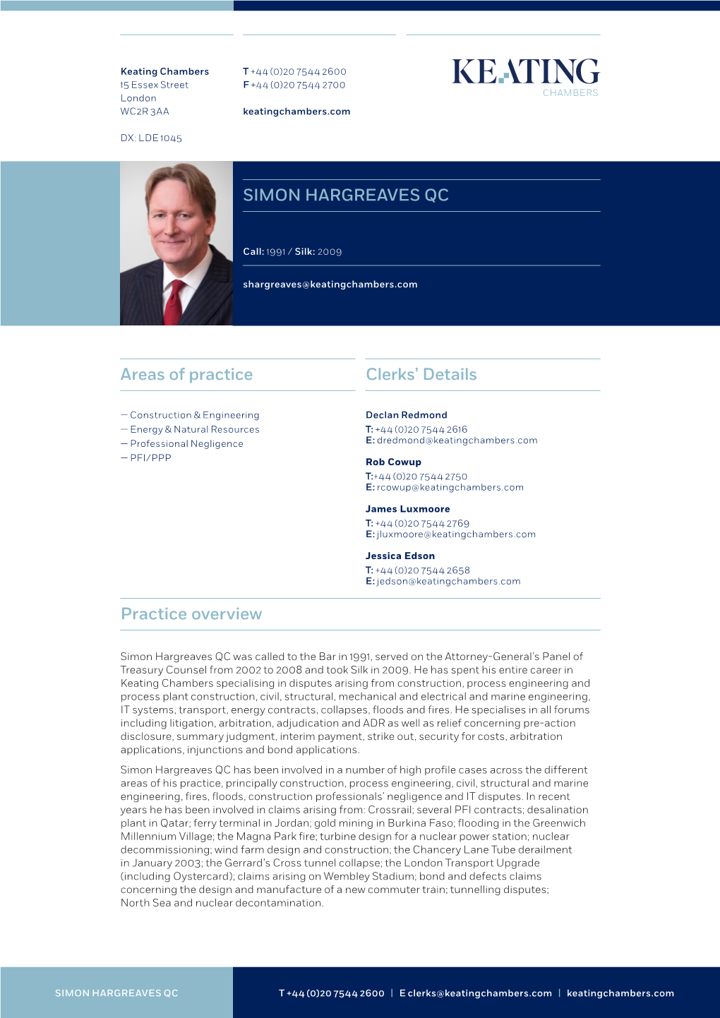 Practice Overview Clerks' Details Areas of Practice SIMON HARGREAVES QC