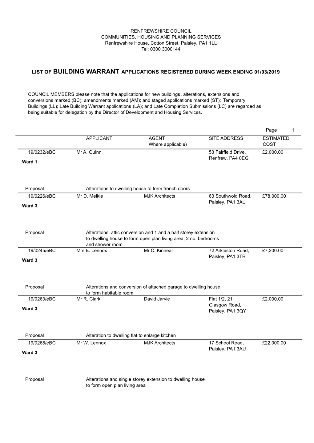 List of Building Warrant Applications Registered During Week Ending 01/03/2019