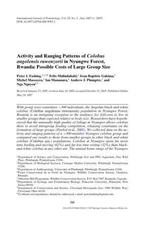 Activity and Ranging Patterns of Colobus Angolensis Ruwenzorii in Nyungwe Forest, Rwanda: Possible Costs of Large Group Size