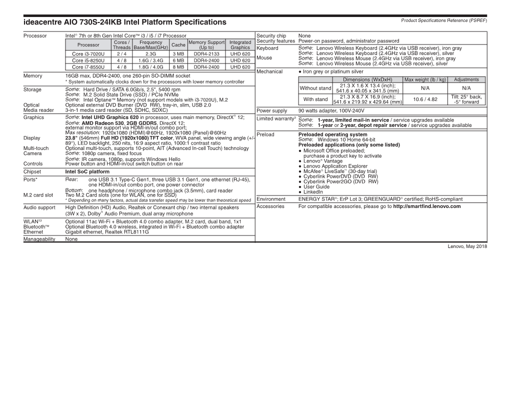 Ideacentre AIO 730S-24IKB Intel Platform Specifications Product Specifications Reference (PSREF)