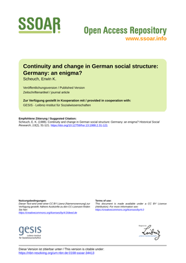 Continuity and Change in German Social Structure: Germany: an Enigma? Scheuch, Erwin K