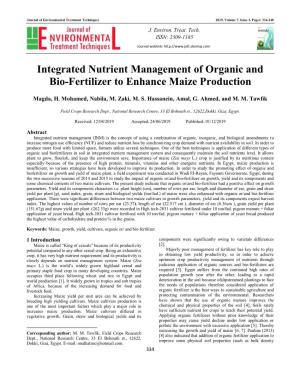 Integrated Nutrient Management of Organic and Bio-Fertilizer to Enhance Maize Production