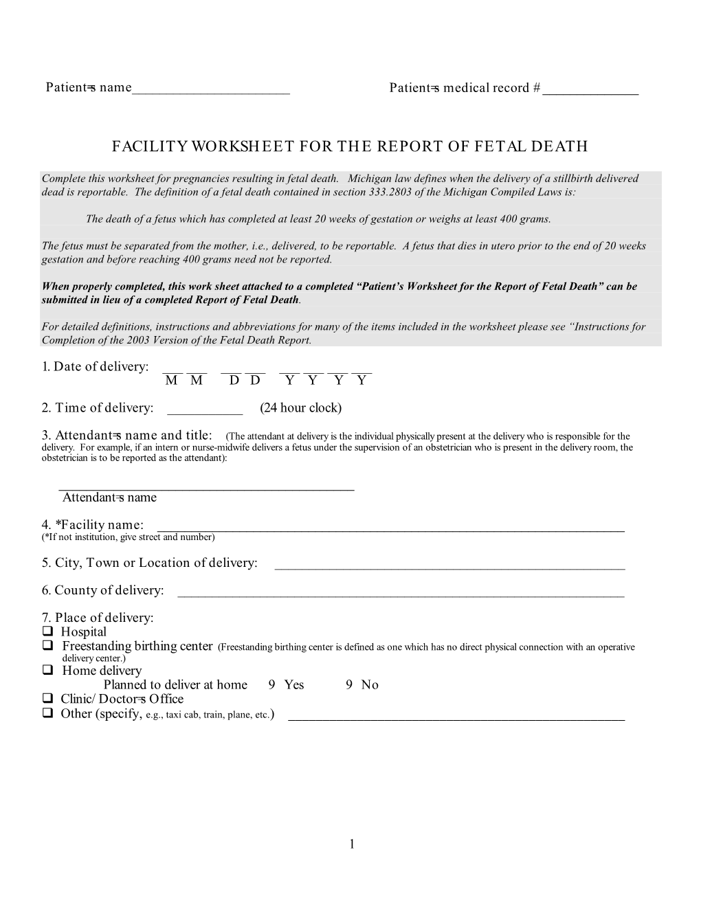 Facility Worksheet for the Report of Fetal Death