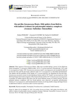 On Ant-Like Synemosyna Hentz, 1846 Spiders from Bolivia, with Indirect Evidence for Polymorphic Mimicry Complexes (Araneae: Salticidae: Simonellini)