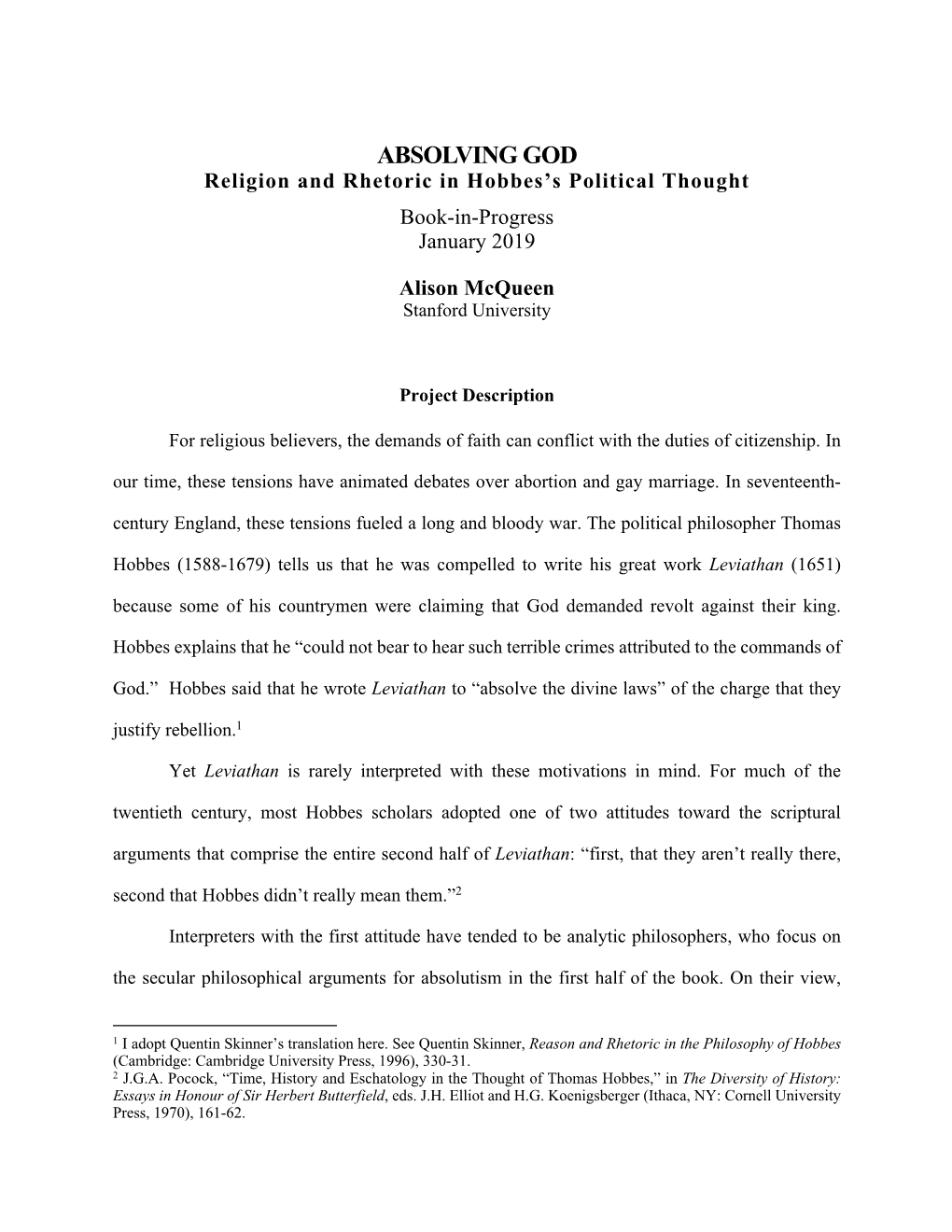 ABSOLVING GOD Religion and Rhetoric in Hobbes’S Political Thought Book-In-Progress January 2019