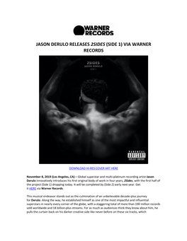 Jason Derulo Releases 2Sides (Side 1) Via Warner Records
