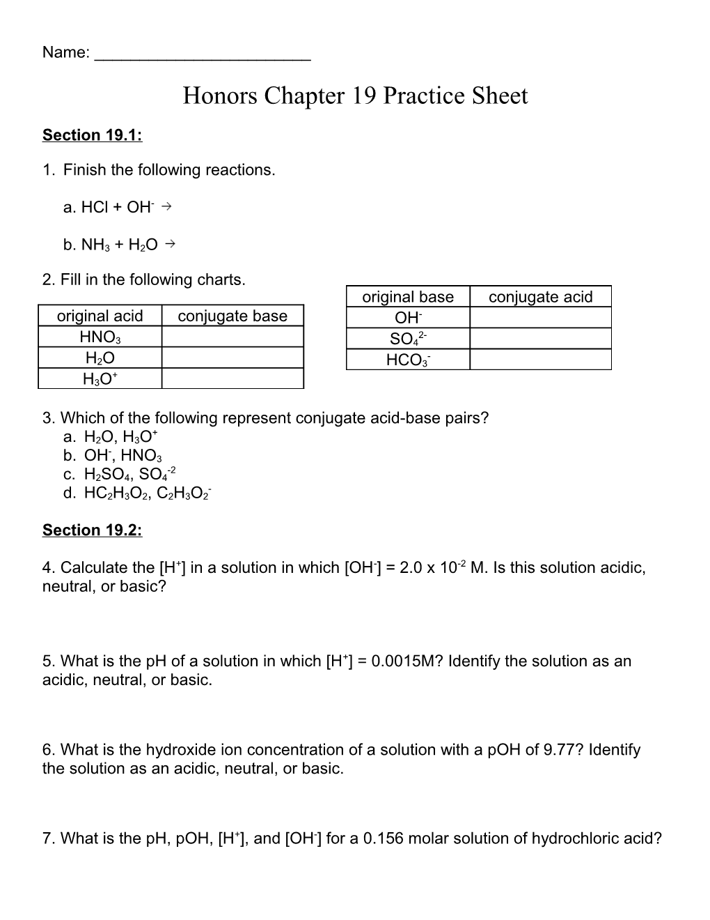 Acids and Bases Worksheet 1