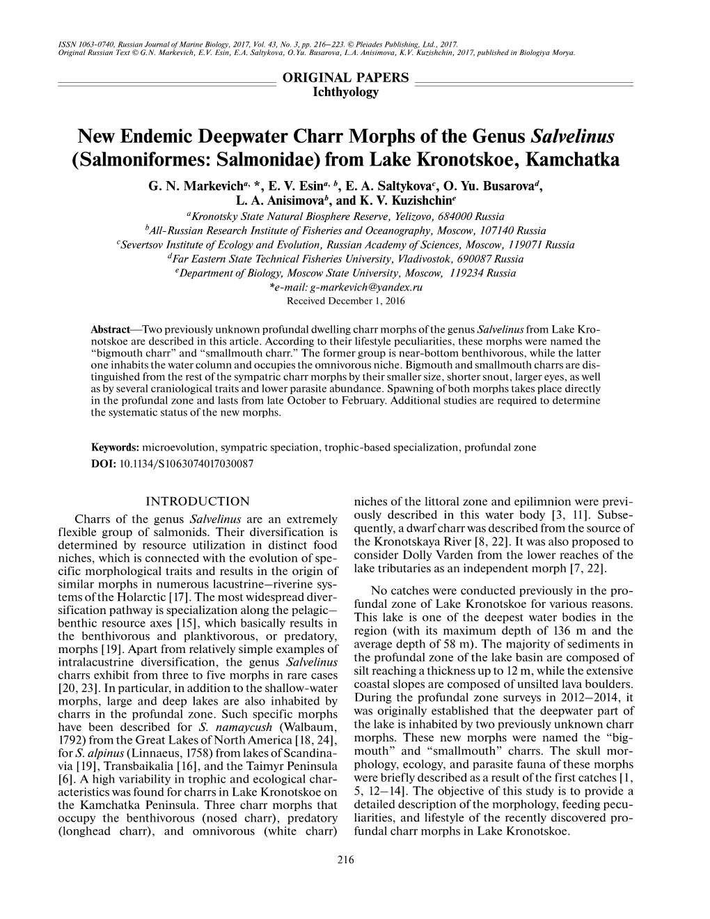 New Endemic Deepwater Charr Morphs of the Genus Salvelinus (Salmoniformes: Salmonidae) from Lake Kronotskoe, Kamchatka G