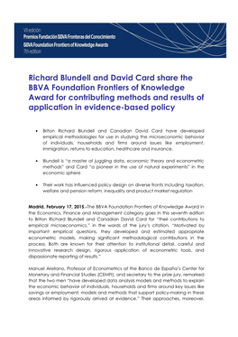 Richard Blundell and David Card Share the BBVA Foundation Frontiers of Knowledge Award for Contributing Methods and Results of Application in Evidence-Based Policy