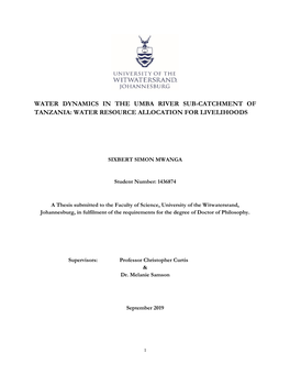 Water Dynamics in the Umba River Sub-Catchment of Tanzania: Water Resource Allocation for Livelihoods