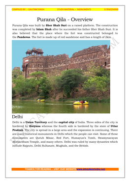 Purana Qila - Overview Purana Qila Was Built by Sher Shah Suri on a Raised Platform