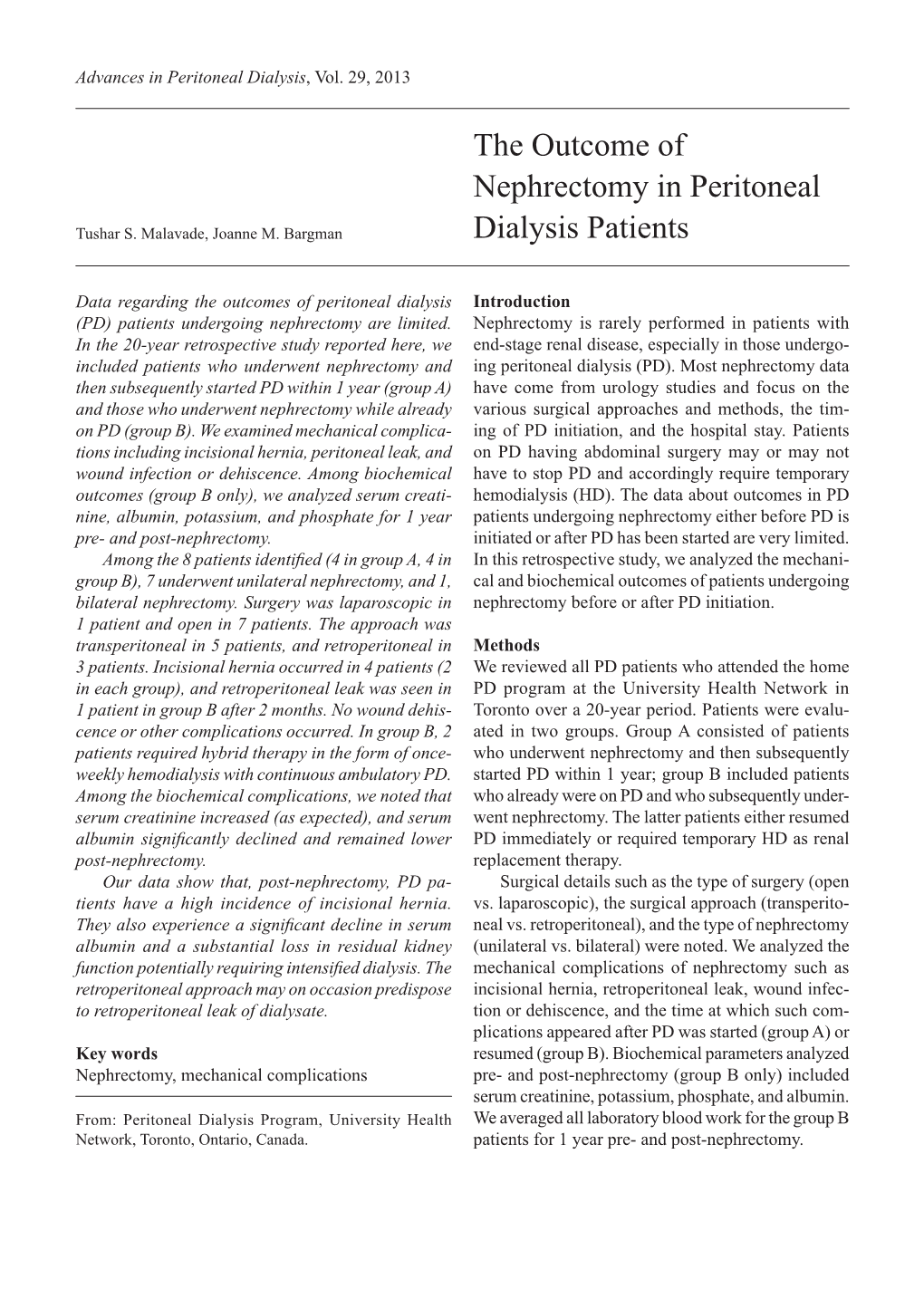 The Outcome of Nephrectomy in Peritoneal Dialysis Patients