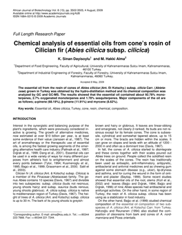 Chemical Analysis of Essential Oils from Cone's Rosin of Cilician Fir (Abies Cilicica Subsp. Cilicica)