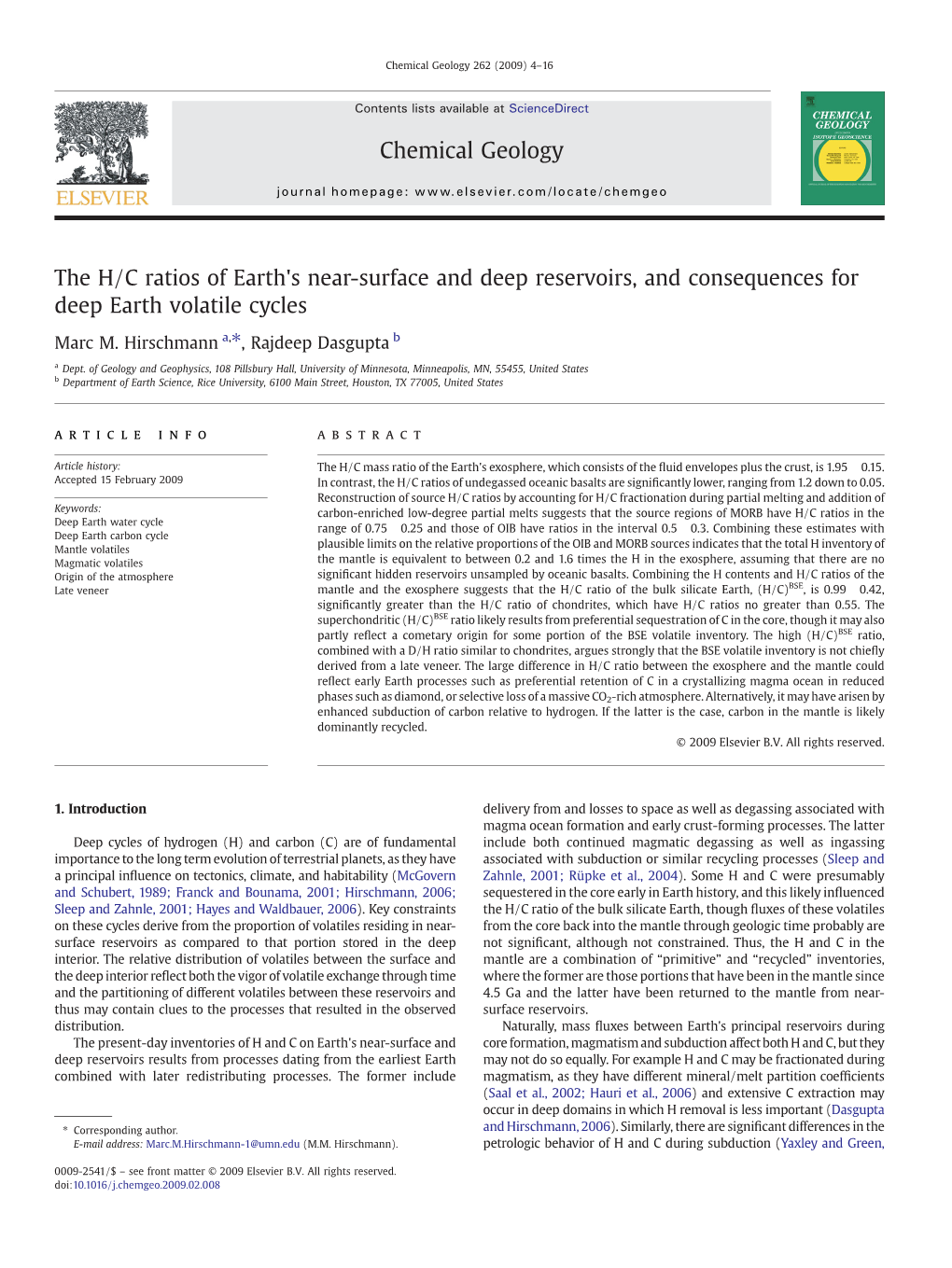 The H/C Ratios of Earth's Near-Surface and Deep Reservoirs, and Consequences for Deep Earth Volatile Cycles