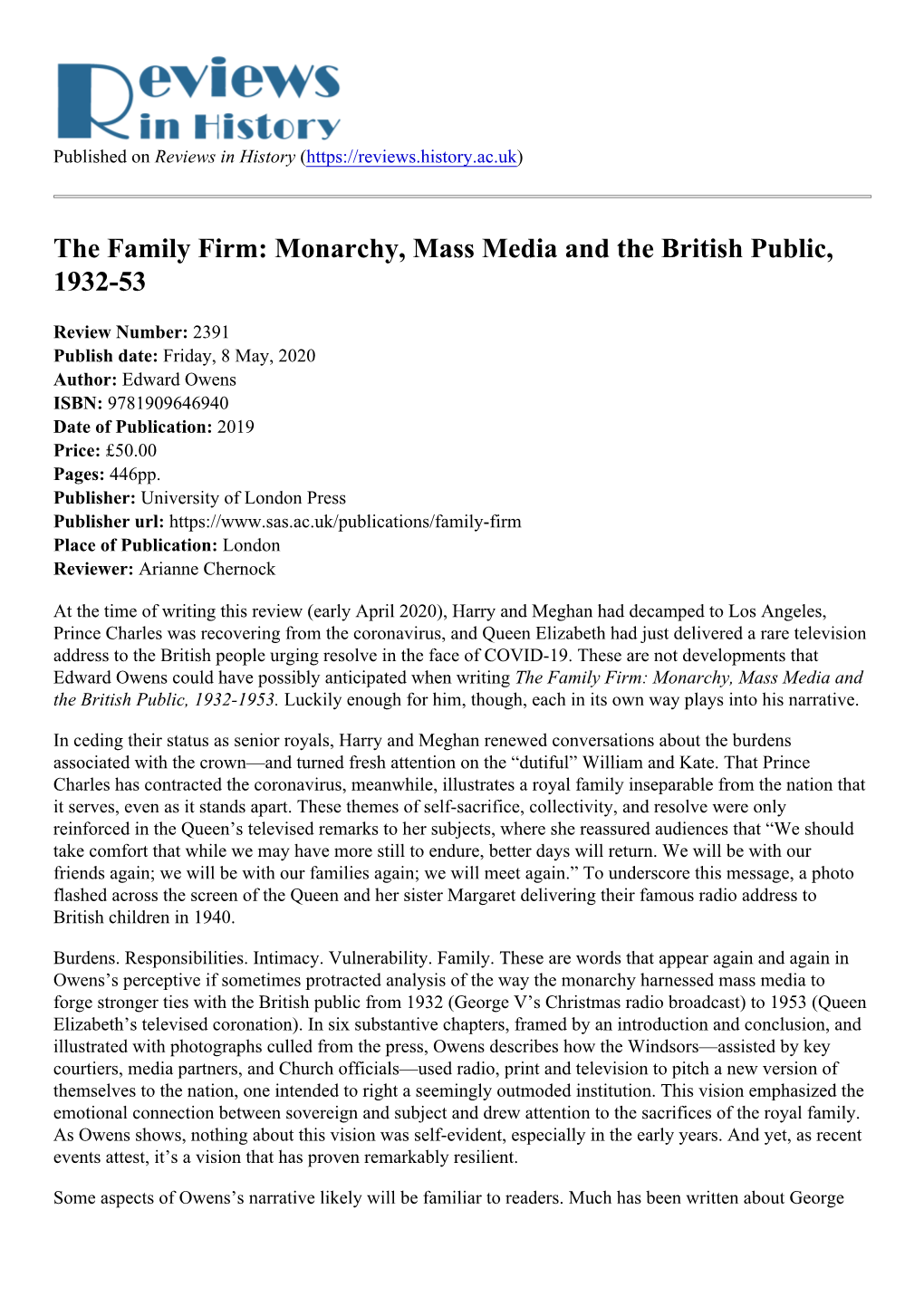 The Family Firm: Monarchy, Mass Media and the British Public, 1932-53