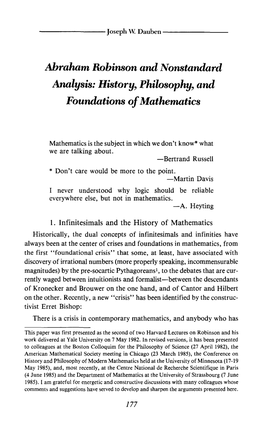 Abraham Robinson and Nonstandard Analysis: History, Philosophy, and Foundations of Mathematics