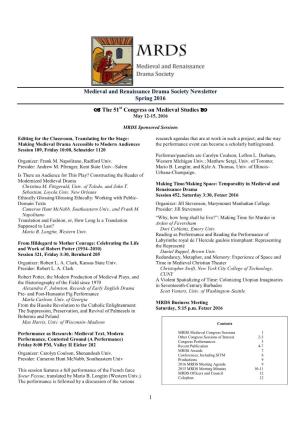 1 Medieval and Renaissance Drama Society Newsletter Spring 2016 A