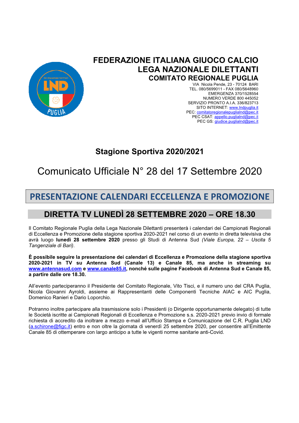 Comunicato Ufficiale N° 28 Del 17 Settembre 2020 PRESENTAZIONE