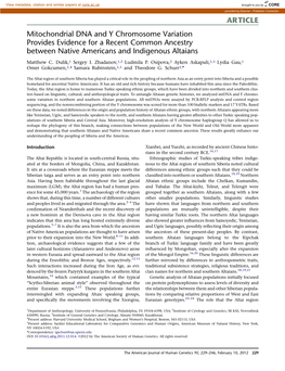 Mitochondrial DNA and Y Chromosome Variation Provides Evidence for a Recent Common Ancestry Between Native Americans and Indigenous Altaians
