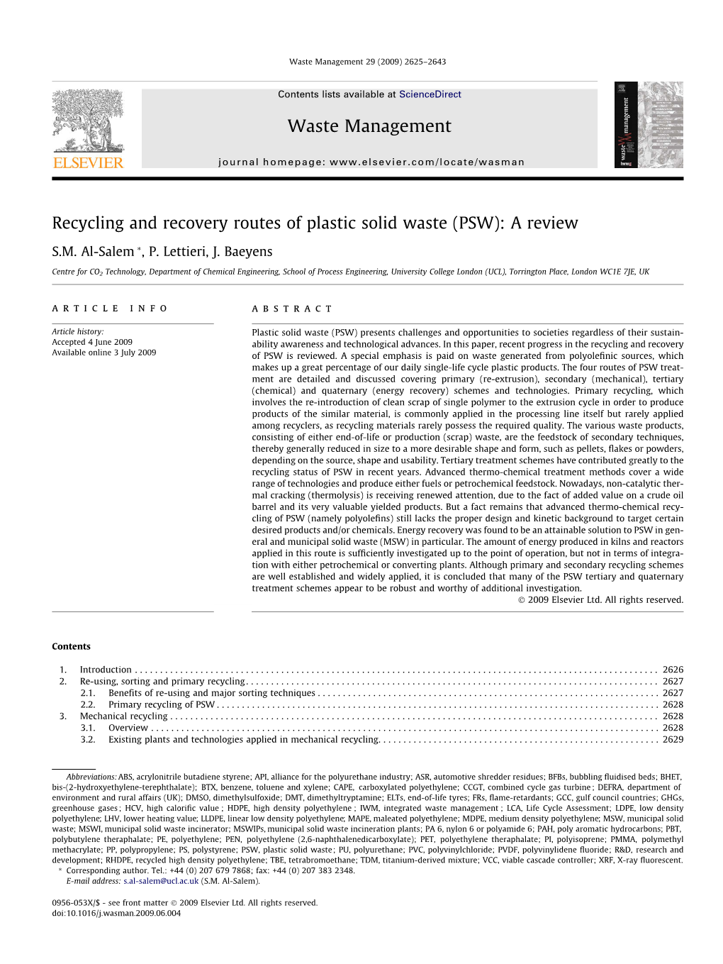 Recycling and Recovery Routes of Plastic Solid Waste (PSW): a Review