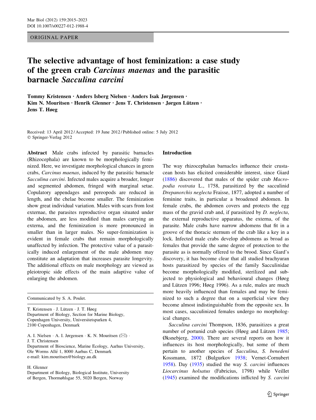 A Case Study of the Green Crab Carcinus Maenas and the Parasitic Barnacle Sacculina Carcini