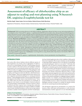 Assessment of Efficacy of Chlorhexidine Chip As an Adjunct to Scaling and Root Planning Using N-Benzoyl- DL-Arginine-2-Naphthylamide Test Kit