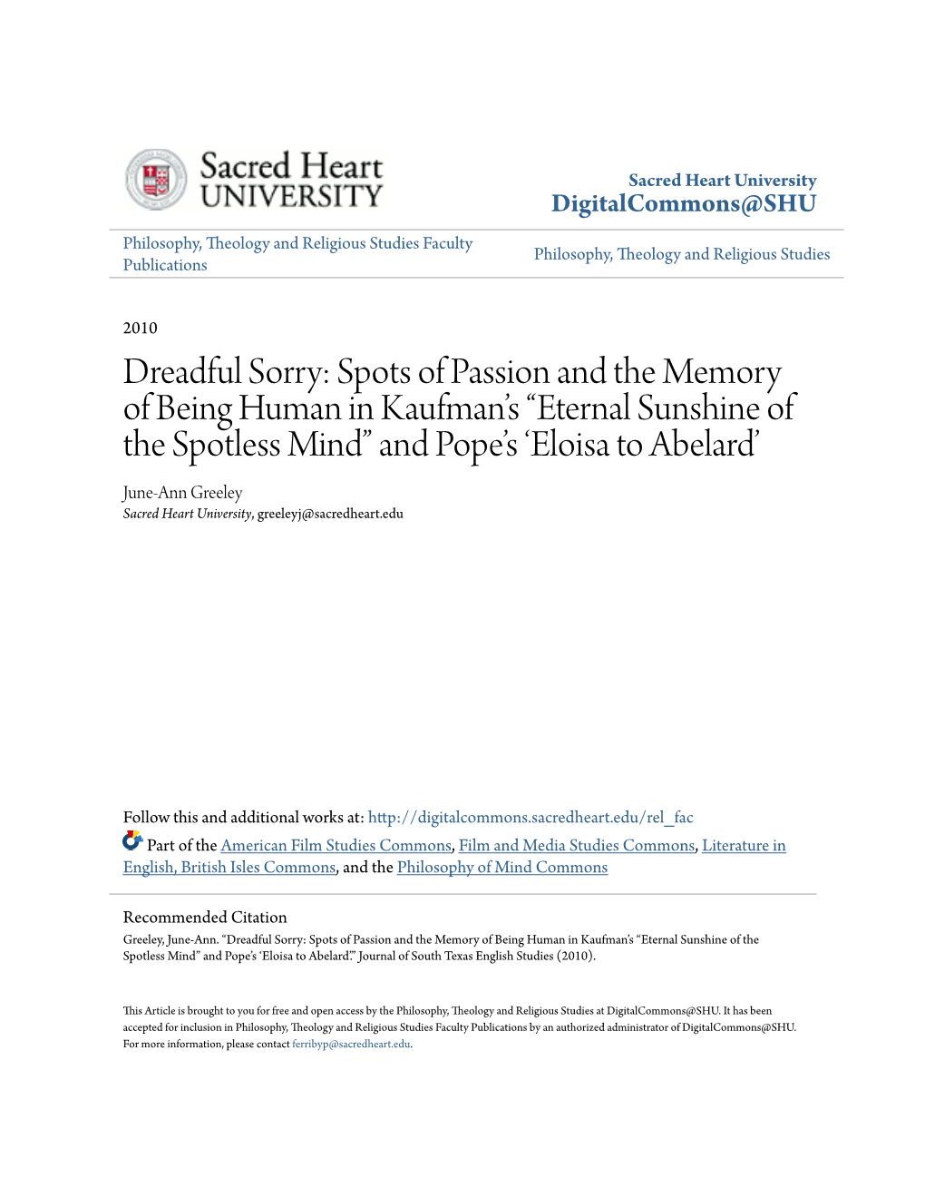 Eternal Sunshine of the Spotless Mind” and Pope’S ‘Eloisa to Abelard’ June-Ann Greeley Sacred Heart University, Greeleyj@Sacredheart.Edu