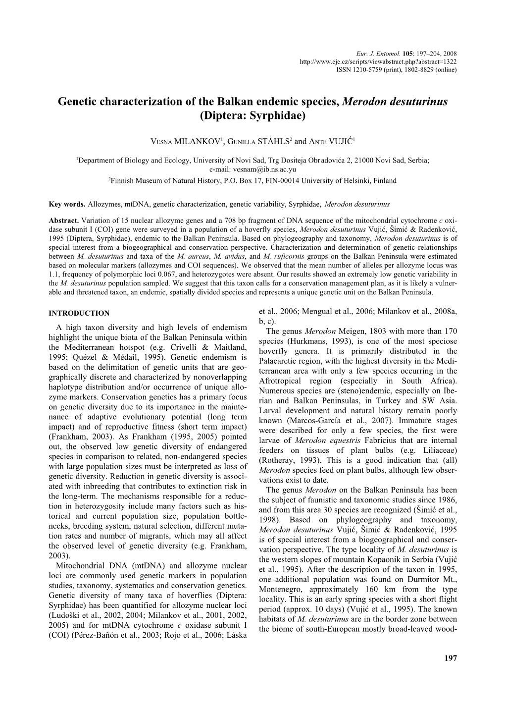 Genetic Characterization of the Balkan Endemic Species, Merodon Desuturinus (Diptera: Syrphidae)