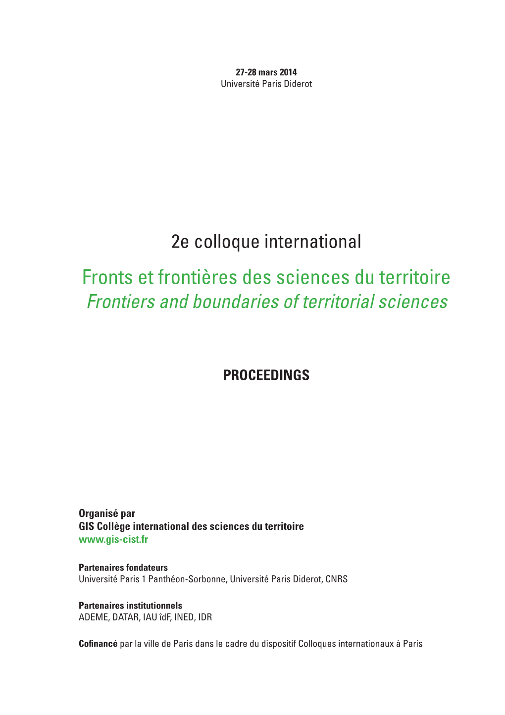 Fronts Et Frontières Des Sciences Du Territoire Frontiers and Boundaries of Territorial Sciences