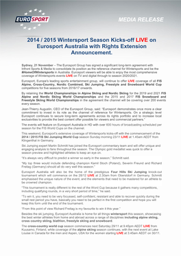 2014 / 2015 Wintersport Season Kicks-Off LIVE on Eurosport Australia with Rights Extension Announcement