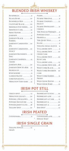 Blended Irish Whiskey Irish Pot Still Irish Peated Irish
