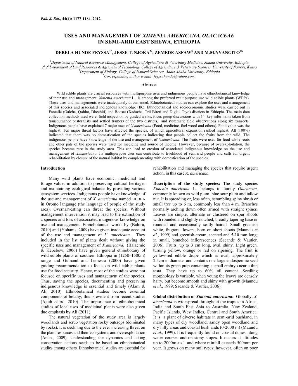 Uses and Management of Ximenia Americana, Olacaceae in Semi-Arid East Shewa, Ethiopia