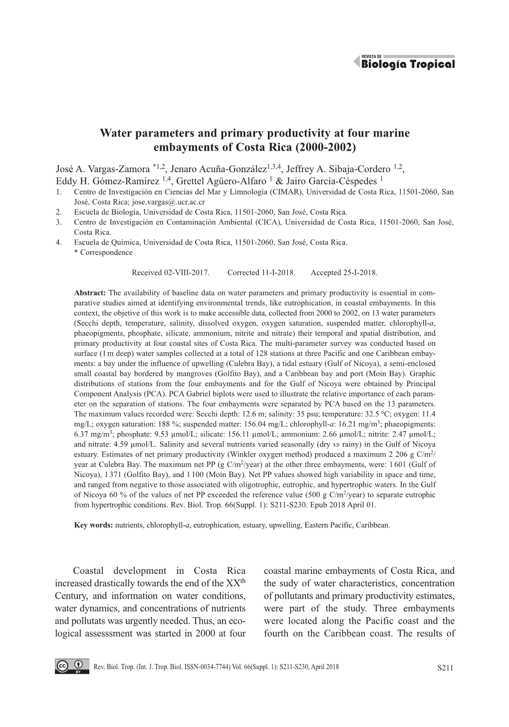 Water Parameters and Primary Productivity at Four Marine Embayments of Costa Rica (2000-2002)