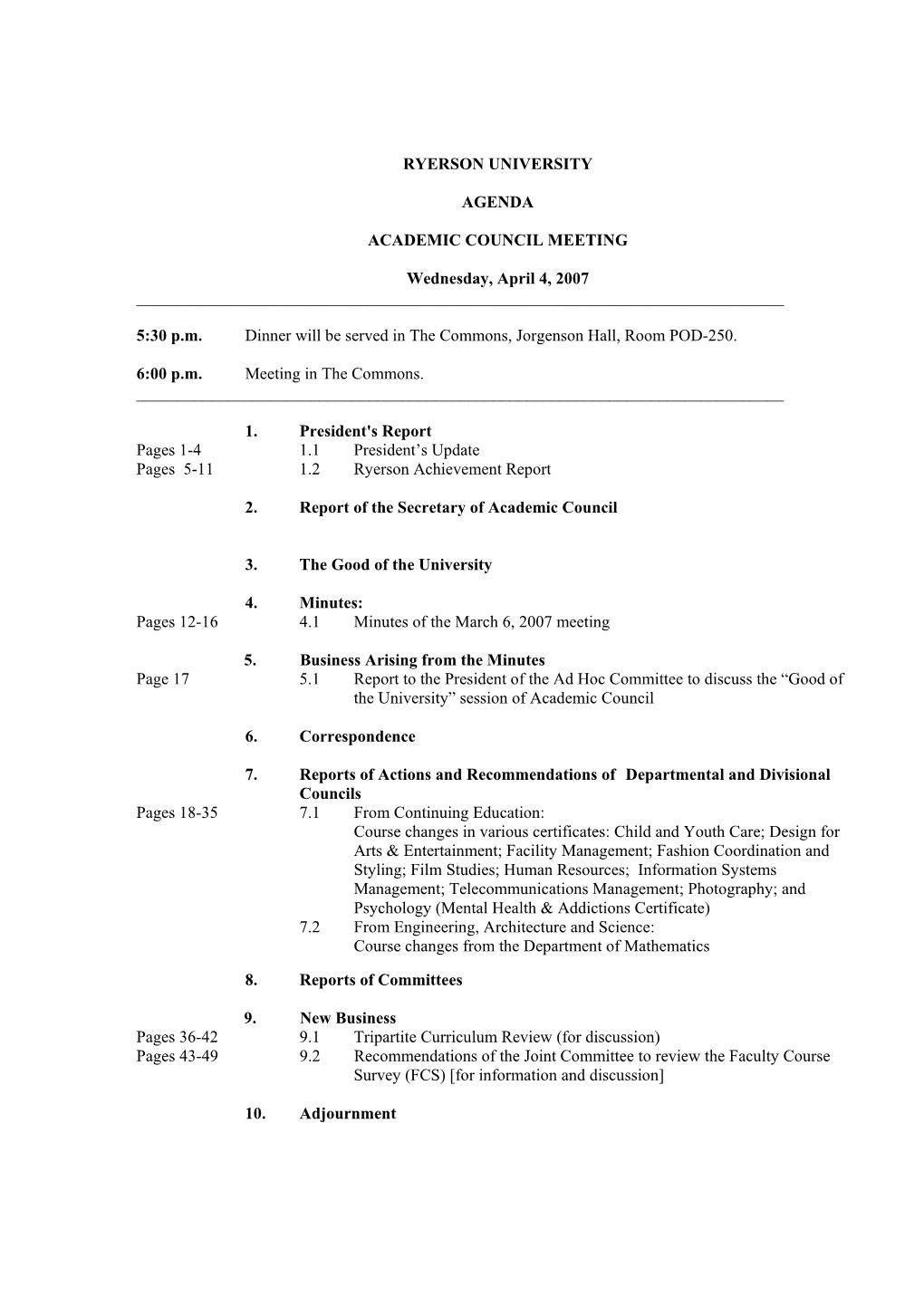 Ryerson University Agenda Academic Council Meeting