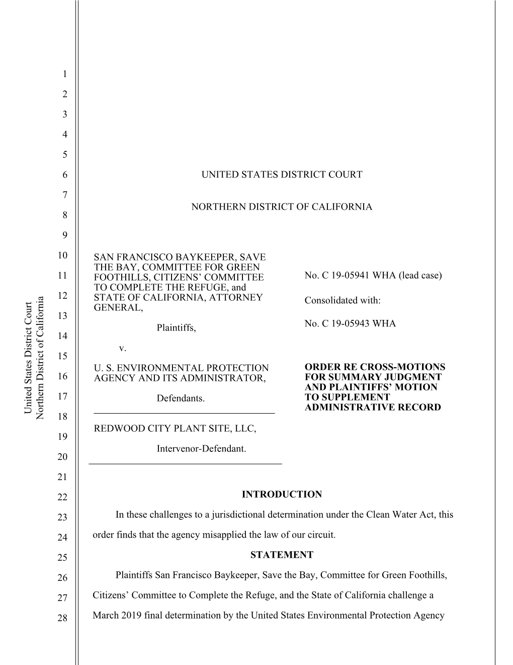 ORDER RE CROSS-MOTIONS 16 AGENCY and ITS ADMINISTRATOR, for SUMMARY JUDGMENT and PLAINTIFFS’ MOTION 17 Defendants