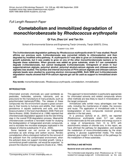Cometabolism and Immobilized Degradation of Monochlorobenzoate by Rhodococcus Erythropolis