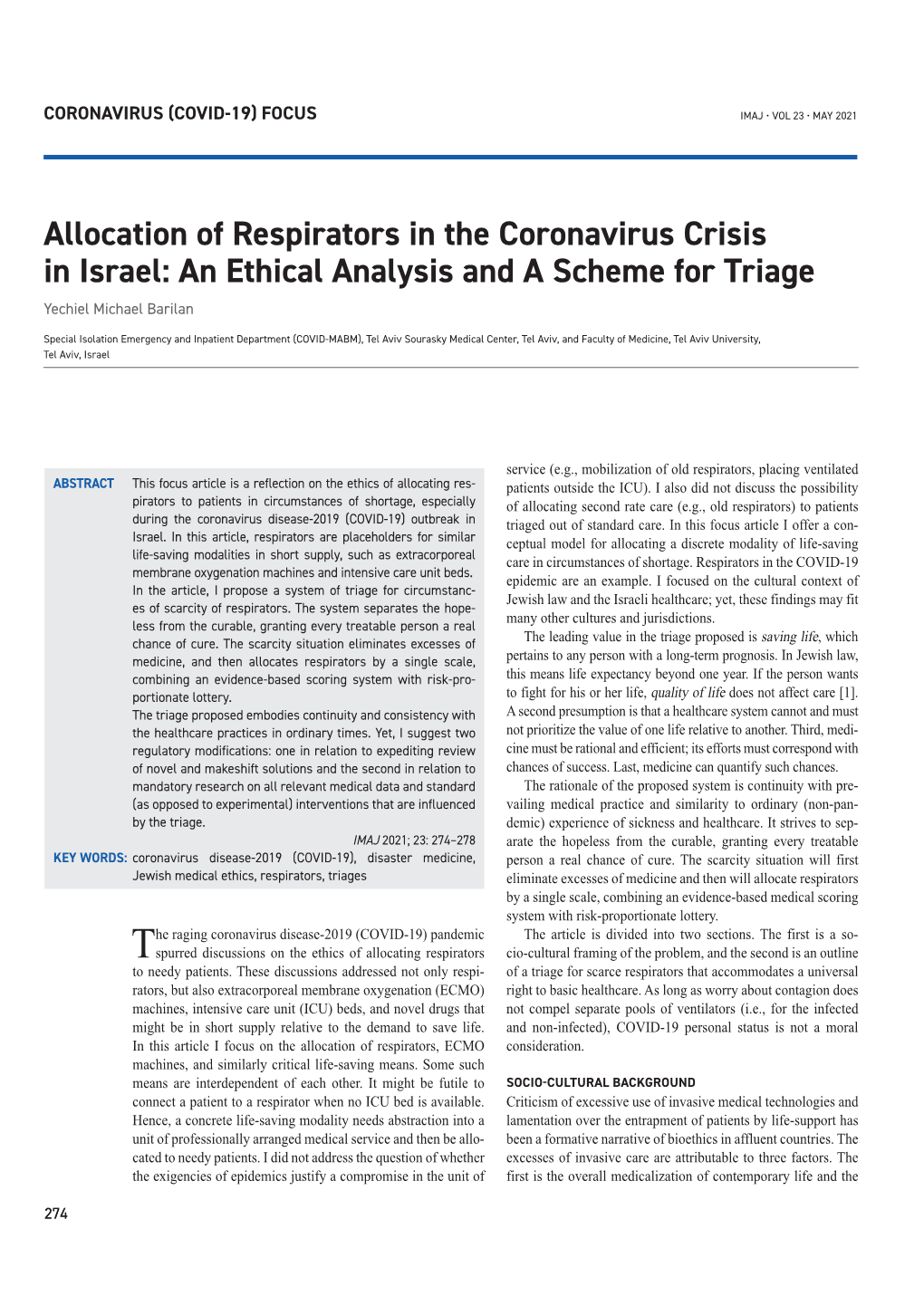 Allocation of Respirators in the Coronavirus Crisis in Israel: an Ethical Analysis and a Scheme for Triage Yechiel Michael Barilan