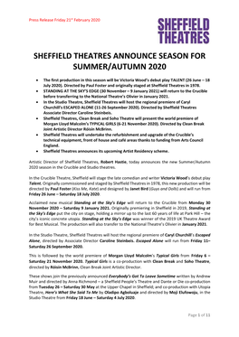 Sheffield Theatres Announce Season for Summer/Autumn 2020