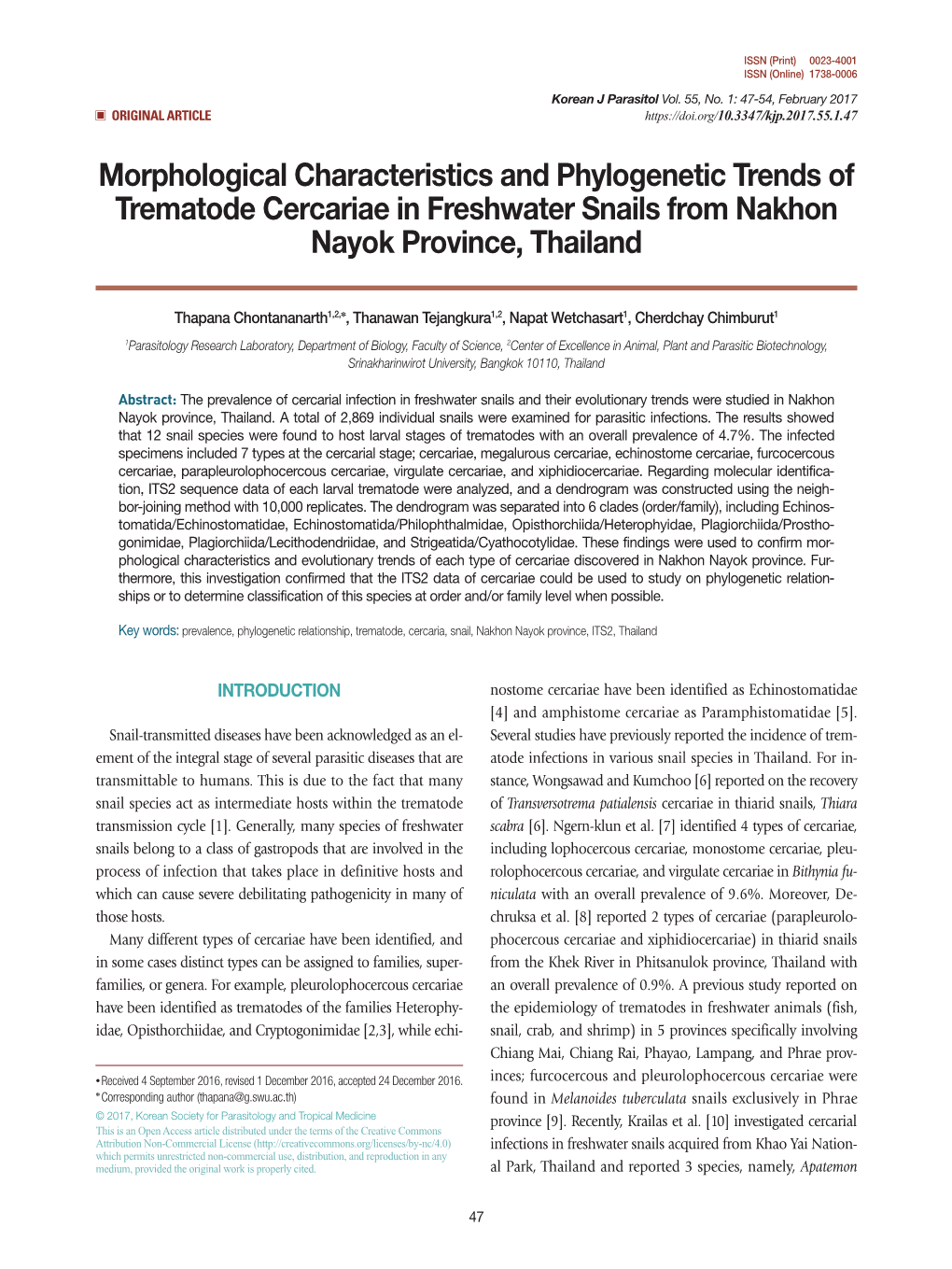 Morphological Characteristics and Phylogenetic Trends of Trematode Cercariae in Freshwater Snails from Nakhon Nayok Province, Thailand