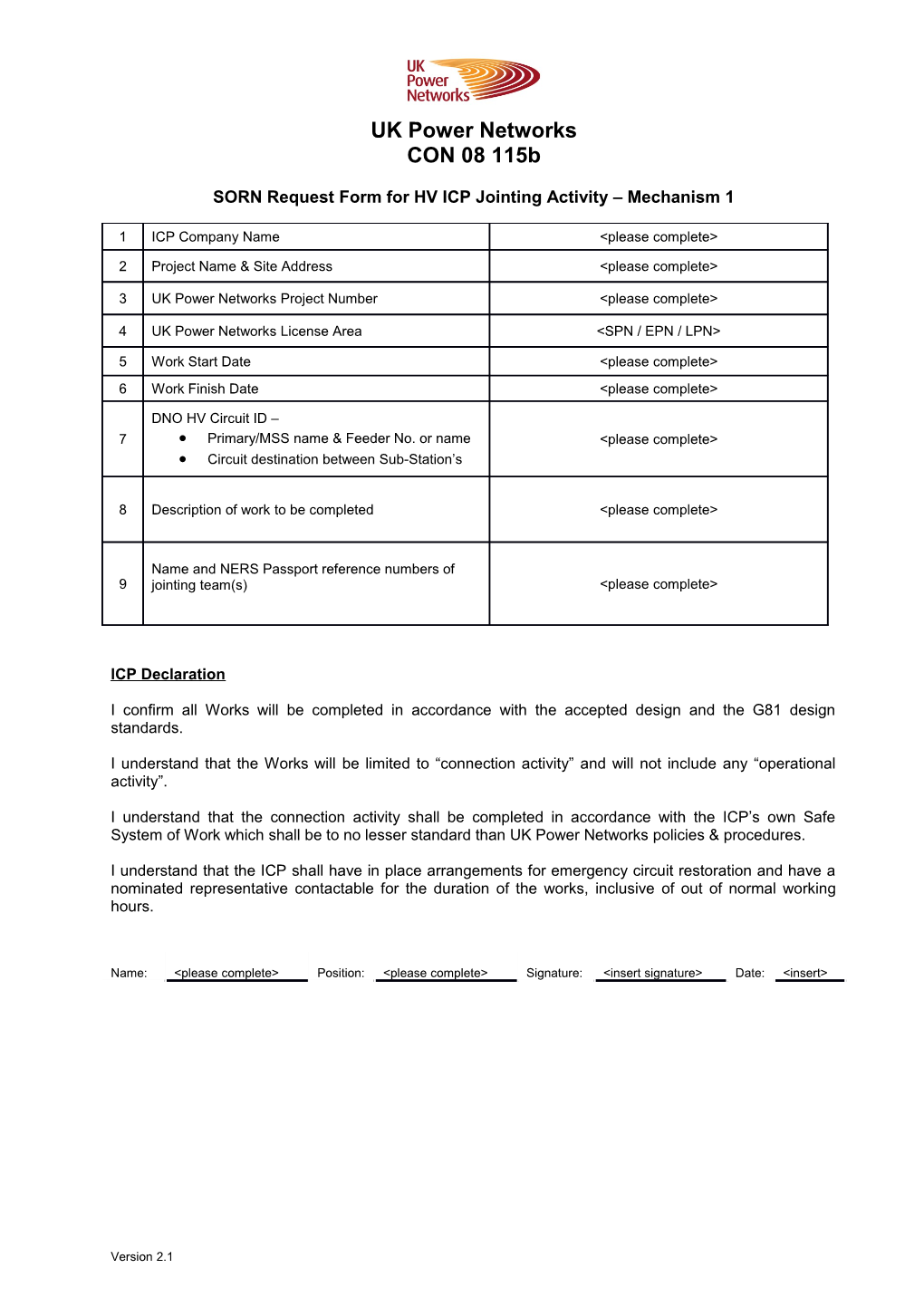 CON 08 115B SORN Request Form for HV ICP Jointing Activity - Mechanism 1