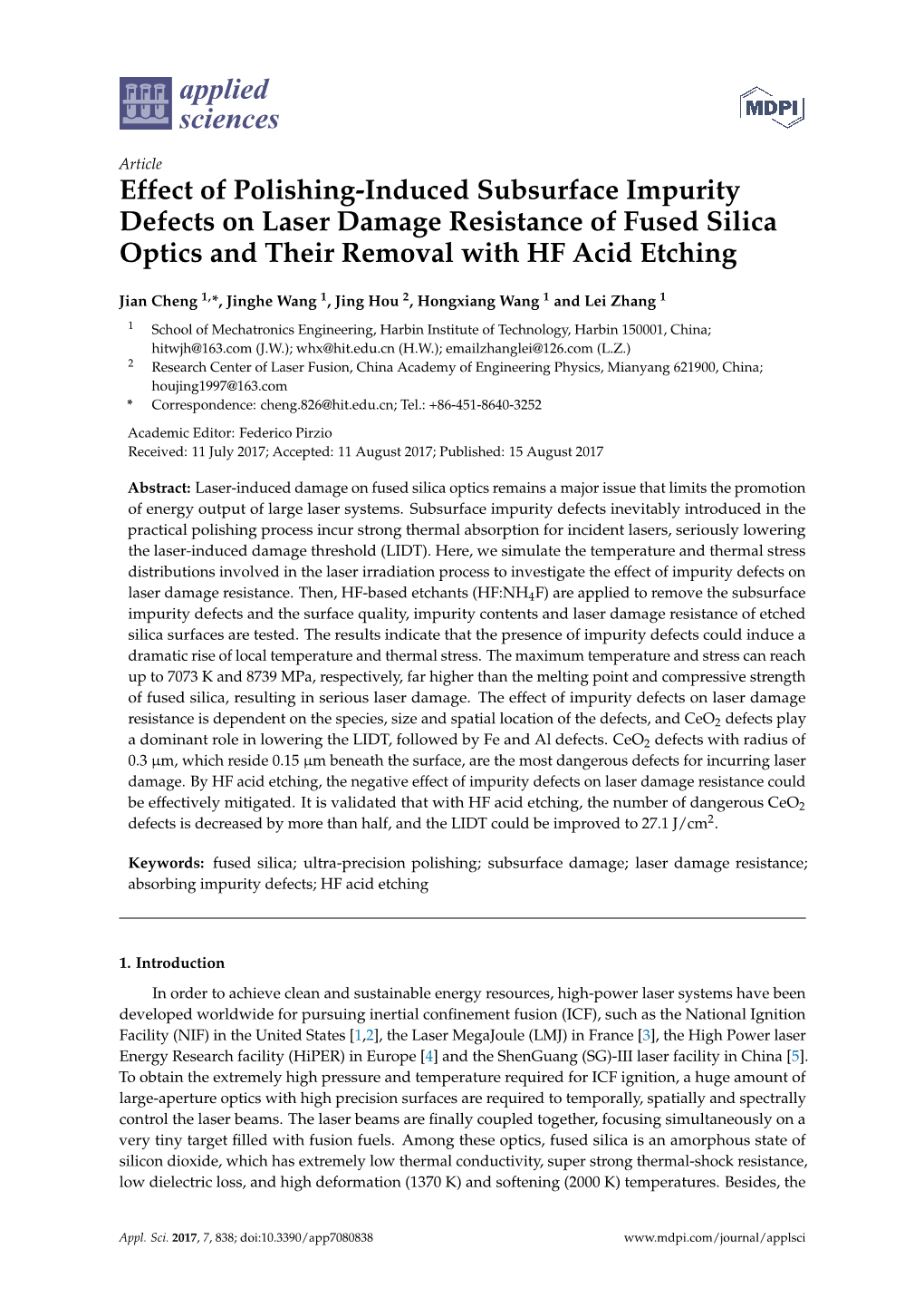 Effect of Polishing-Induced Subsurface Impurity Defects on Laser Damage Resistance of Fused Silica Optics and Their Removal with HF Acid Etching