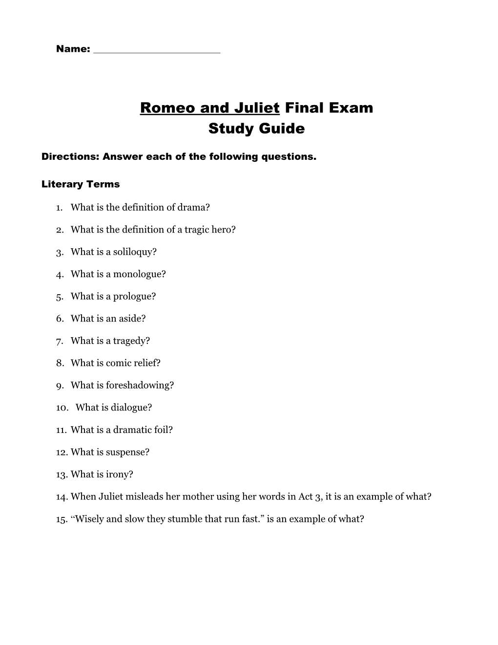 Romeo and Juliet Final Exam s1