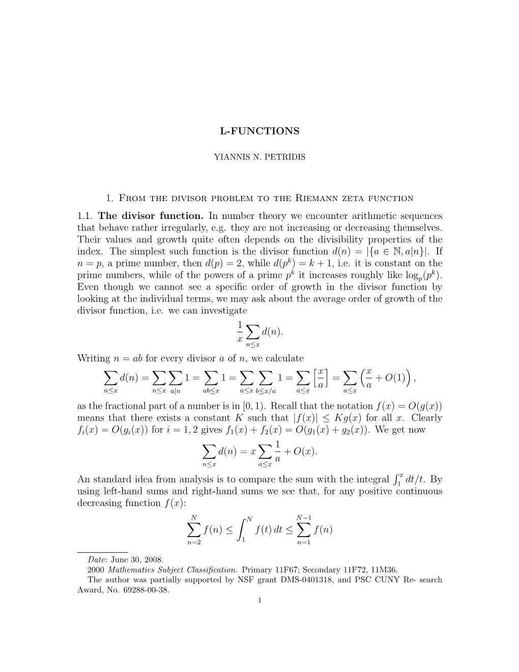 1. from the Divisor Problem to the Riemann Zeta Function 1.1