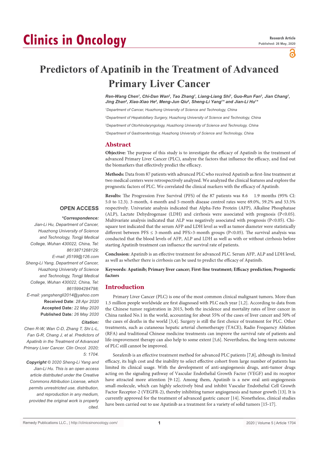 Predictors of Apatinib in the Treatment of Advanced Primary Liver Cancer