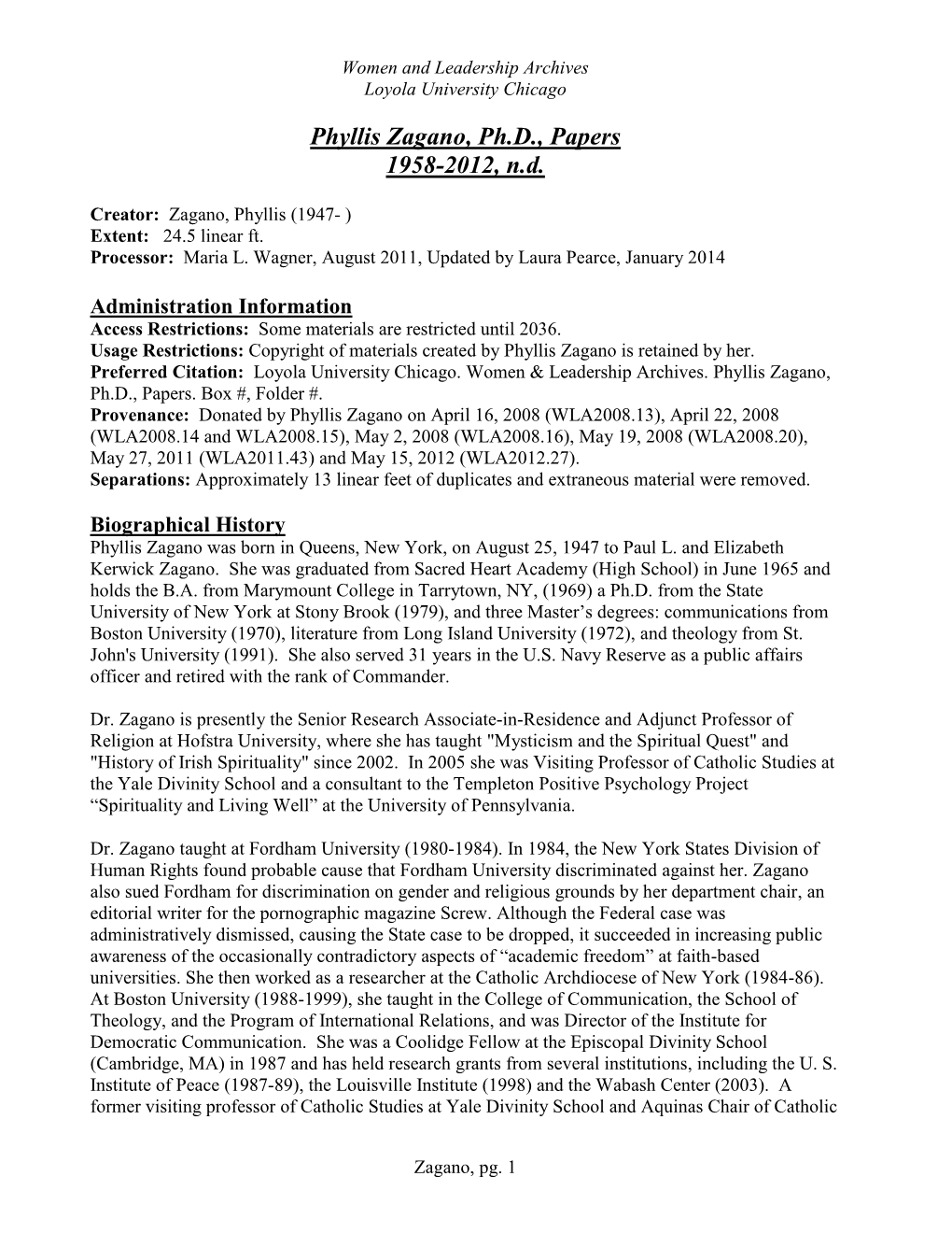 Phyllis Zagano, Ph.D., Papers 1958-2012, N.D