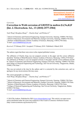 Correction to Weld Corrosion of GH3535 in Molten (Li,Na,K)F [Int. J