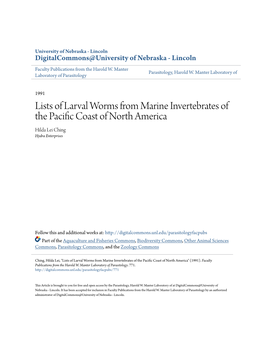 Lists of Larval Worms from Marine Invertebrates of the Pacific Coast of North America