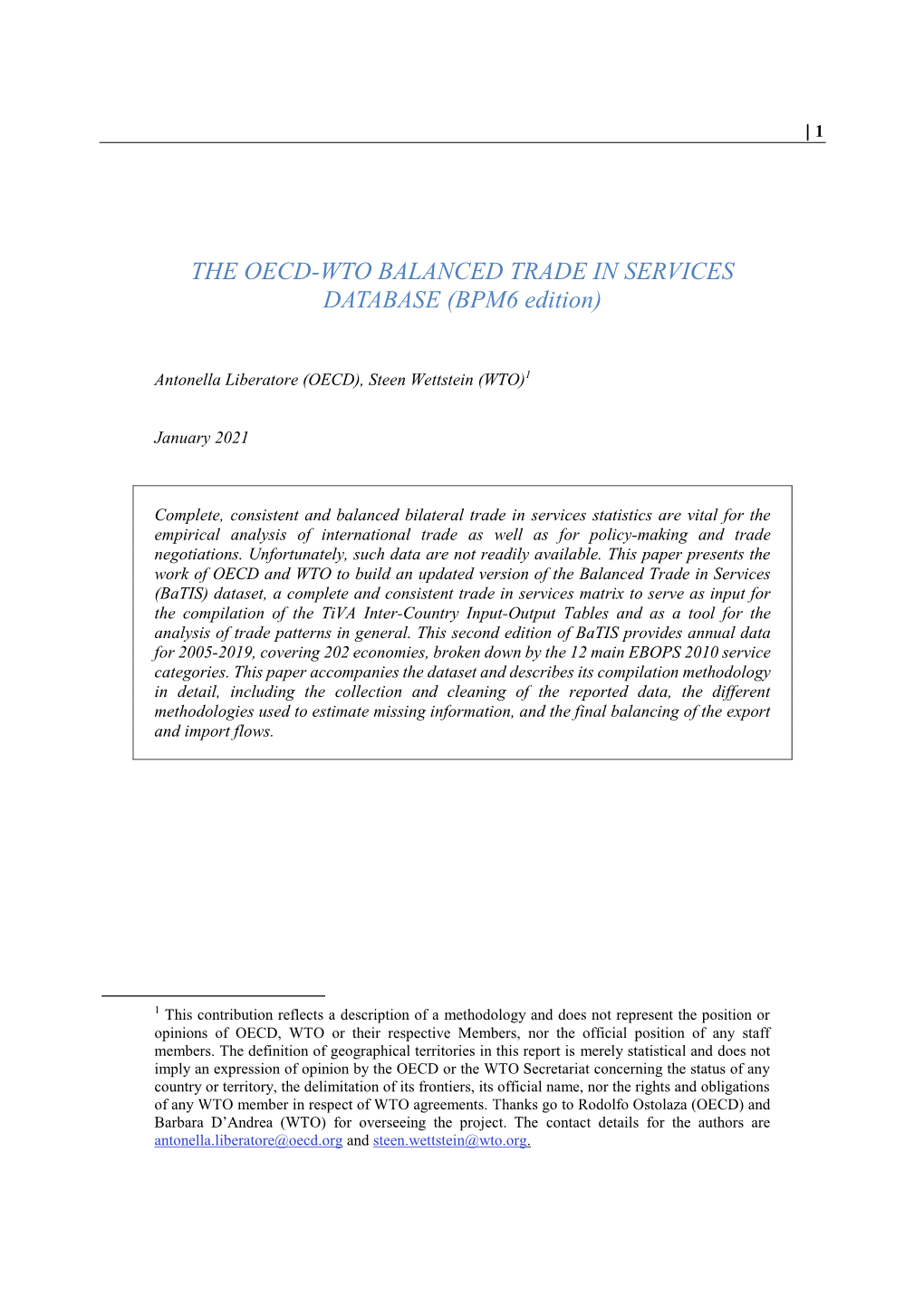 THE OECD-WTO BALANCED TRADE in SERVICES DATABASE (BPM6 Edition)