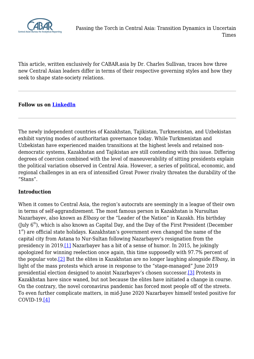 Passing the Torch in Central Asia: Transition Dynamics in Uncertain Times